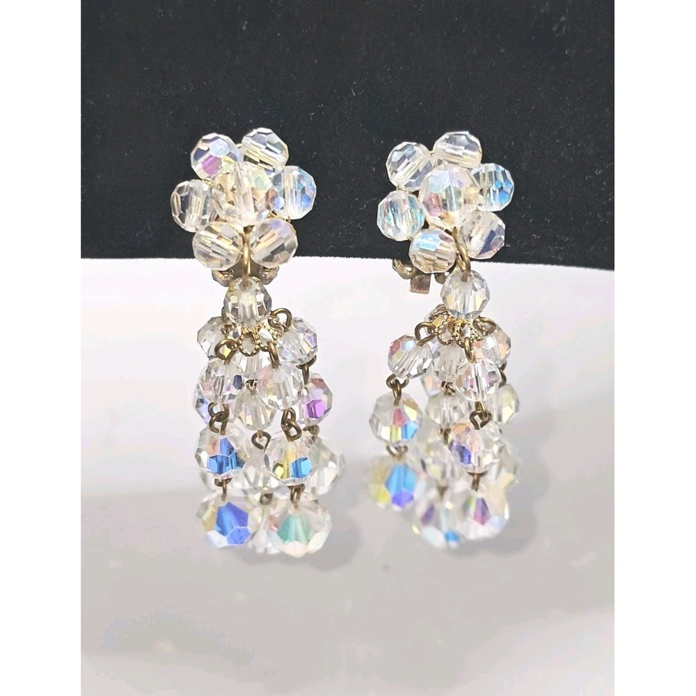 Vintage 1950's Waterfall Chandelier AB Crystal Beads Cascade Clip On Earrings‎